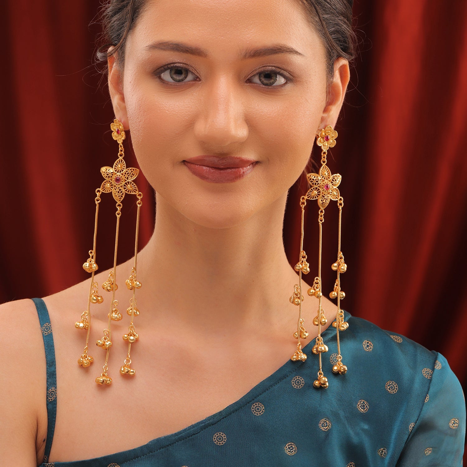 Kashmiri Royal Roshni Long Gold Ghungroo Earrings