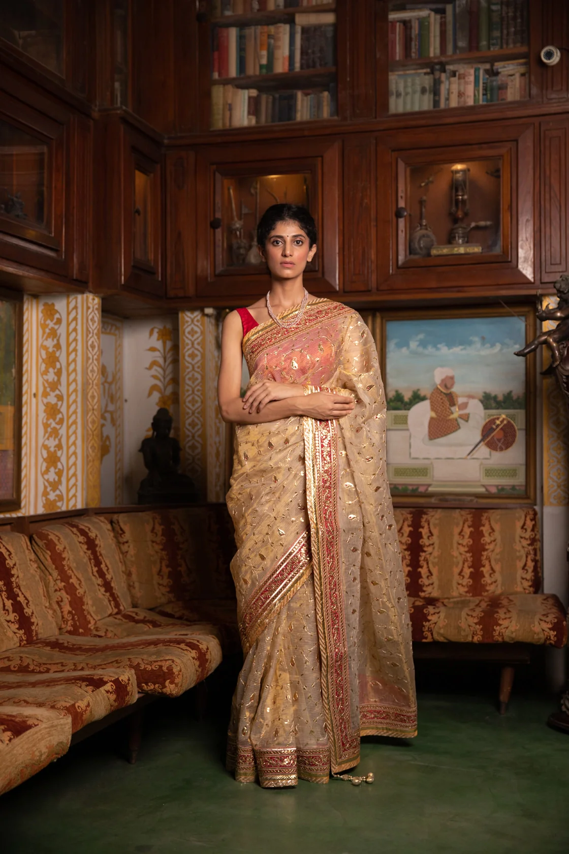 Golden Handcrafted Gota Patti Pure Kota Tissue Saree