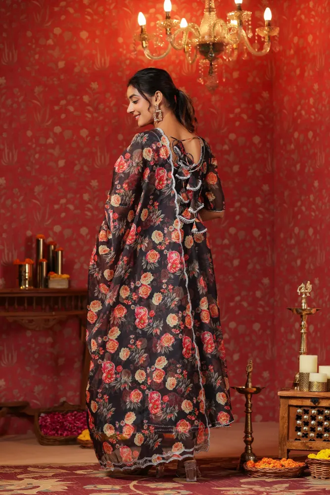 Woodsmoke Black Organza Anarkali Set