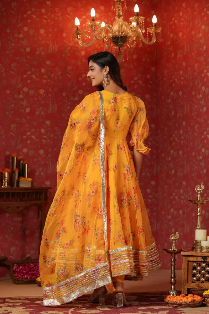 Saffron Yellow Organza Anarkali Set