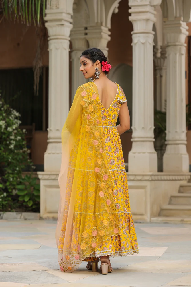 Saffron Yellow Cotton sleeveless Anarkali Suit Set