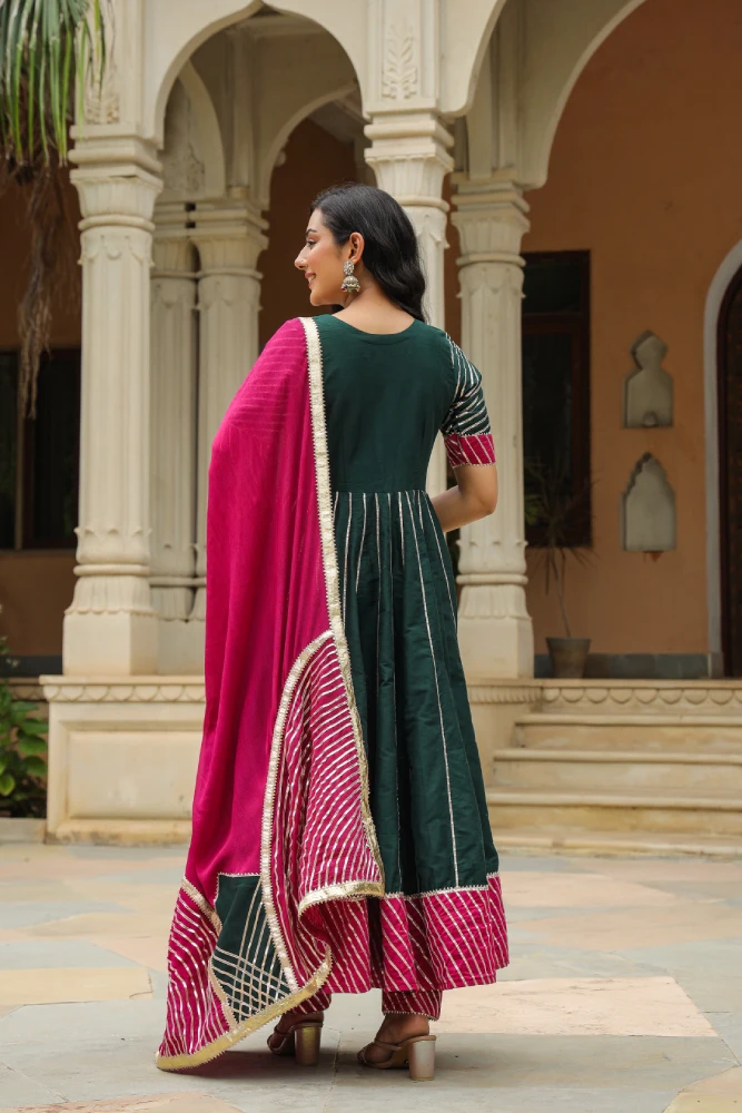 Stromboli Dark Green Cotton Slik Anarkali Suit Set