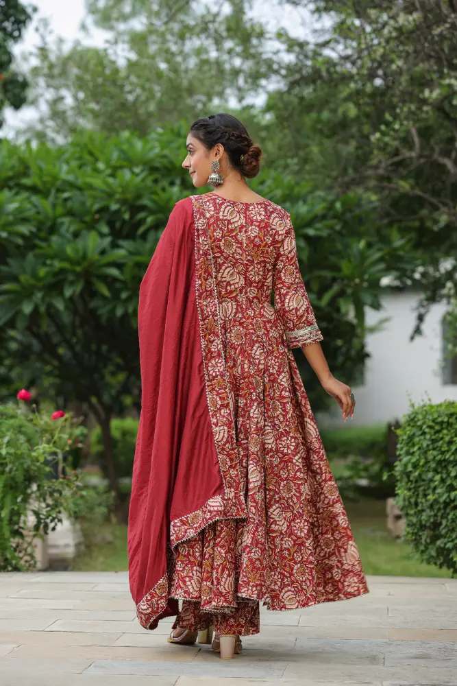 Mexican Red Cotton Anarkali Suit Set