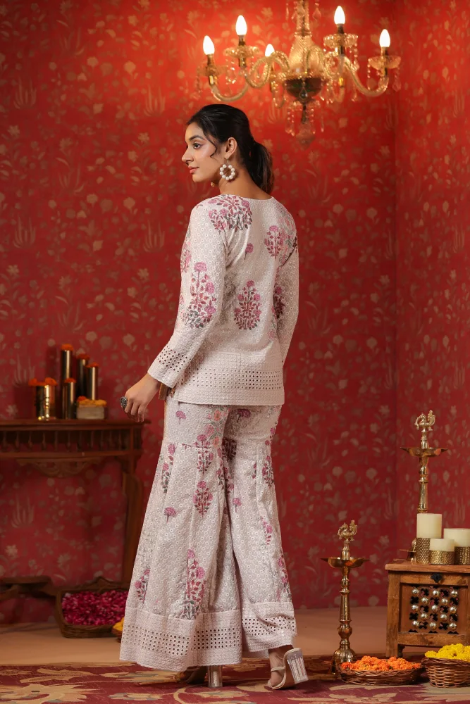 Cream Printed Cotton Schiffly Sharara Co-Ord Set of 3