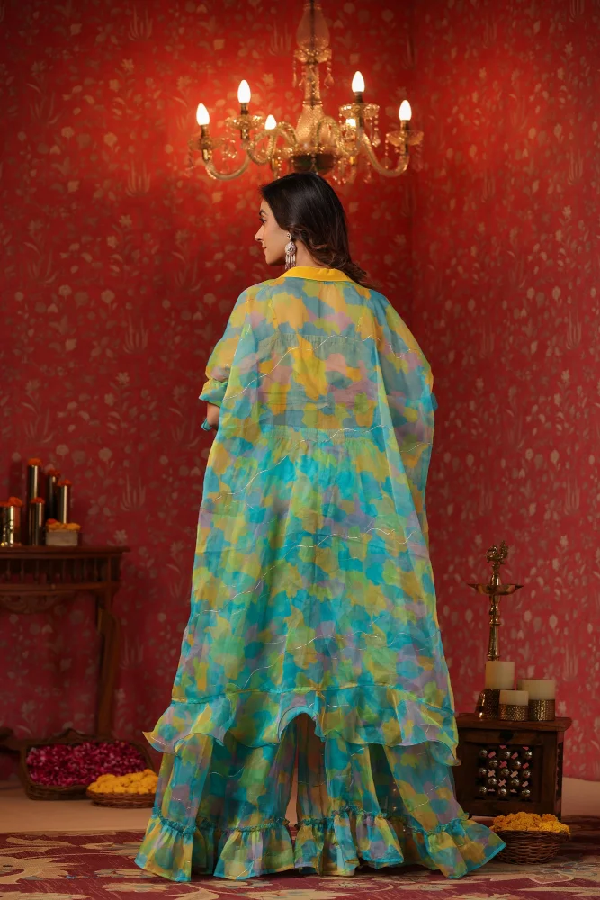 Yellow organza Embroidered Crop Top frilled shrug Set of 3