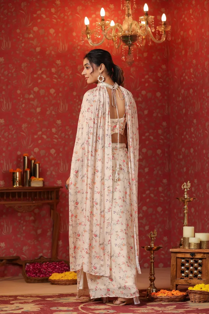 Cream Printed Chinon Dhoti Skirt With Tie Up Duptta Set of 3