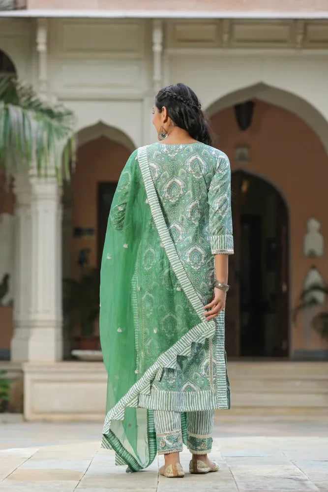Green Printed Cotton embroidered Kurta Suit- Set of 3