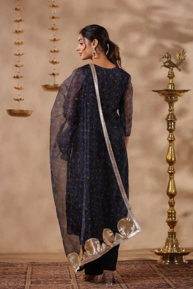 Black organza Printed Stright Kurta set Of 3