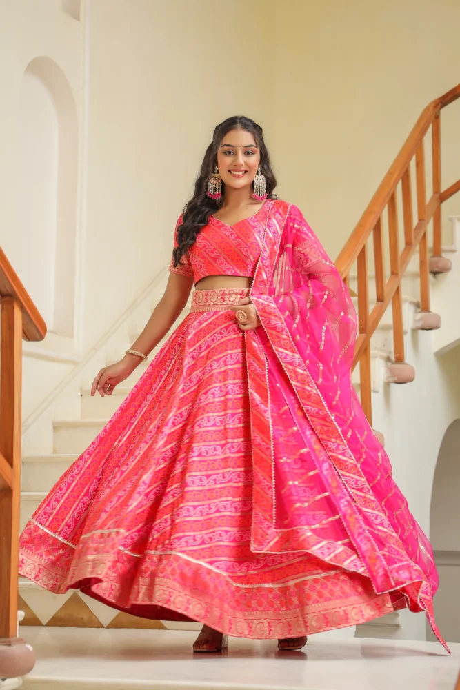 Pink Brocade Silk Bandhani Print Lehenga Set