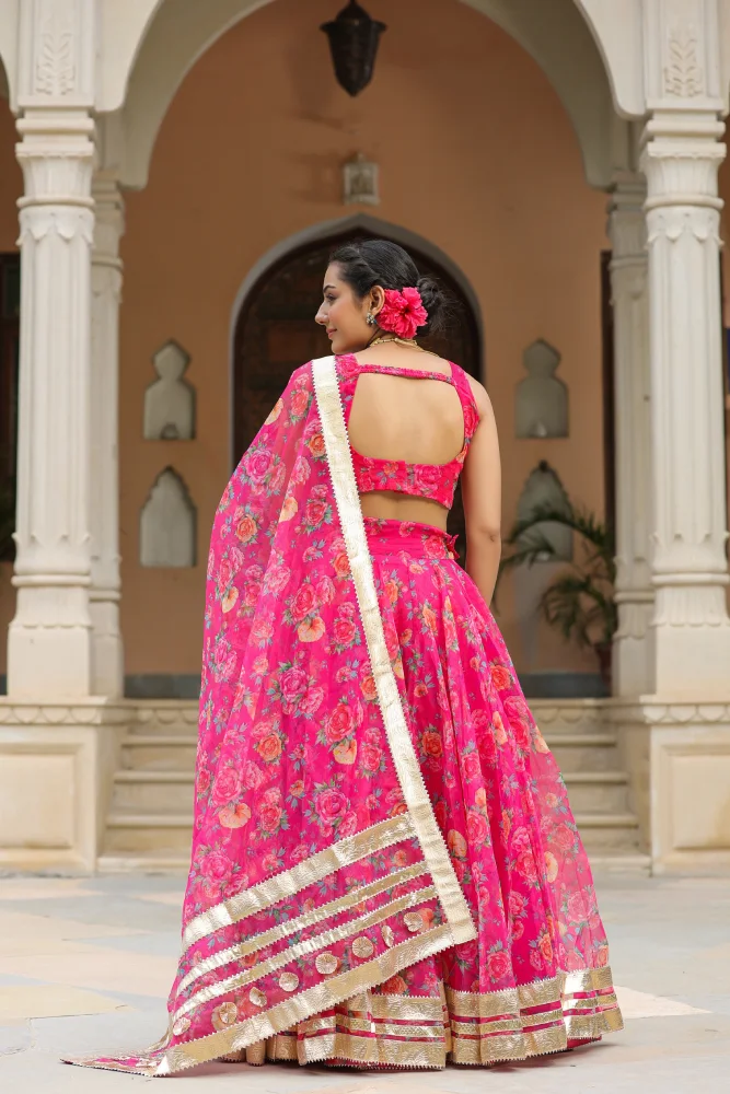 Pink Organza Floral Print Lehenga Set