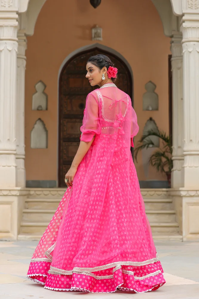 Crimson Pink Organza Bandhani Print Lehenga Set
