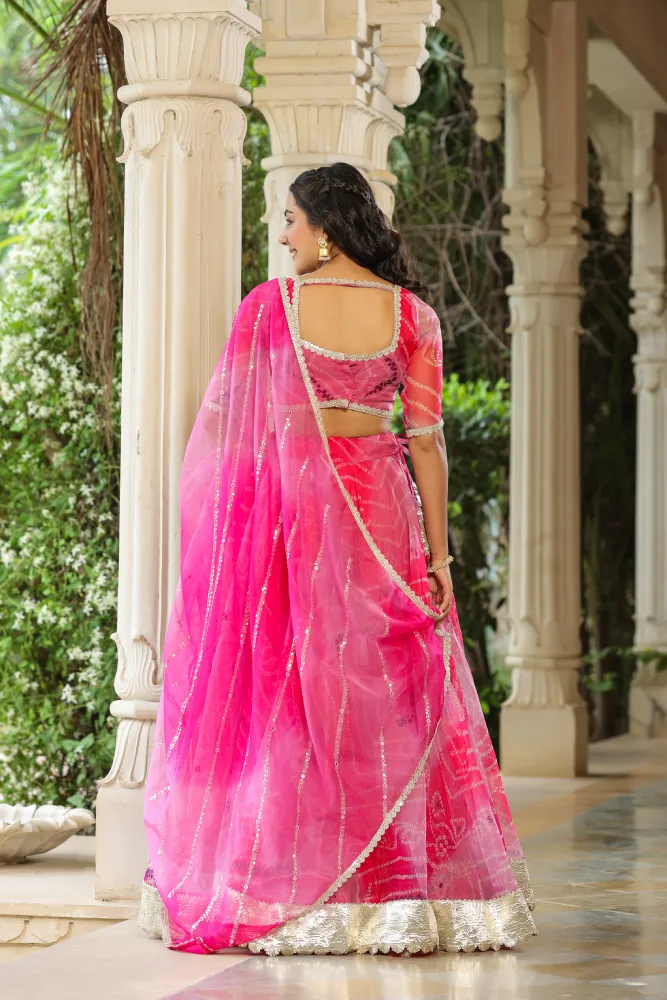 French Rose Organza Bandhani Print Lehenga Set
