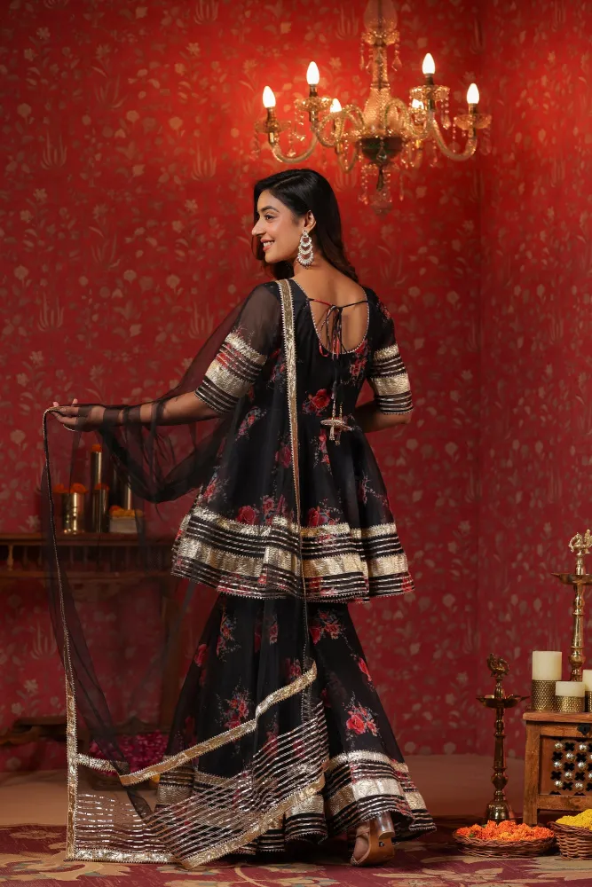 Crow Black Organza Sharara Set