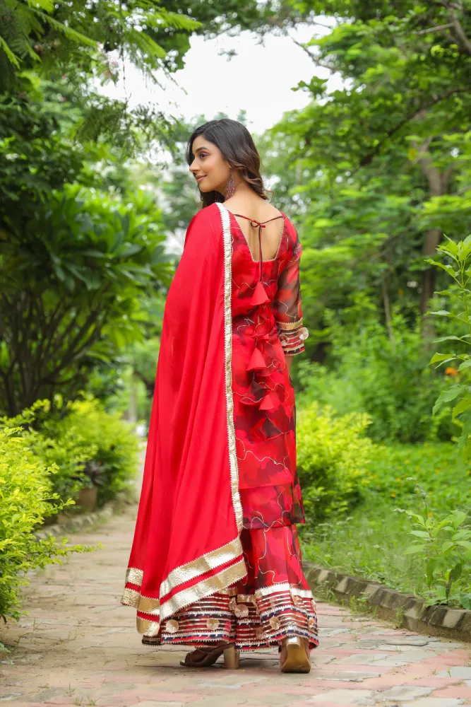 Froly Red Abstract Print organza Sharara Set