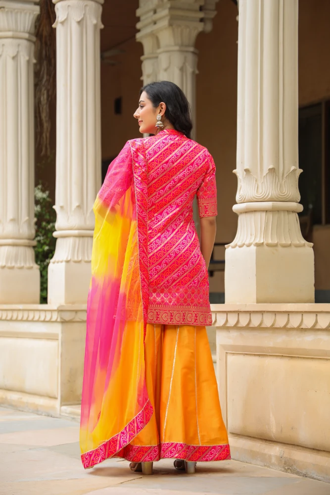 Buttercup Pink Yellow Brocade Bandhani Print Sharara Set