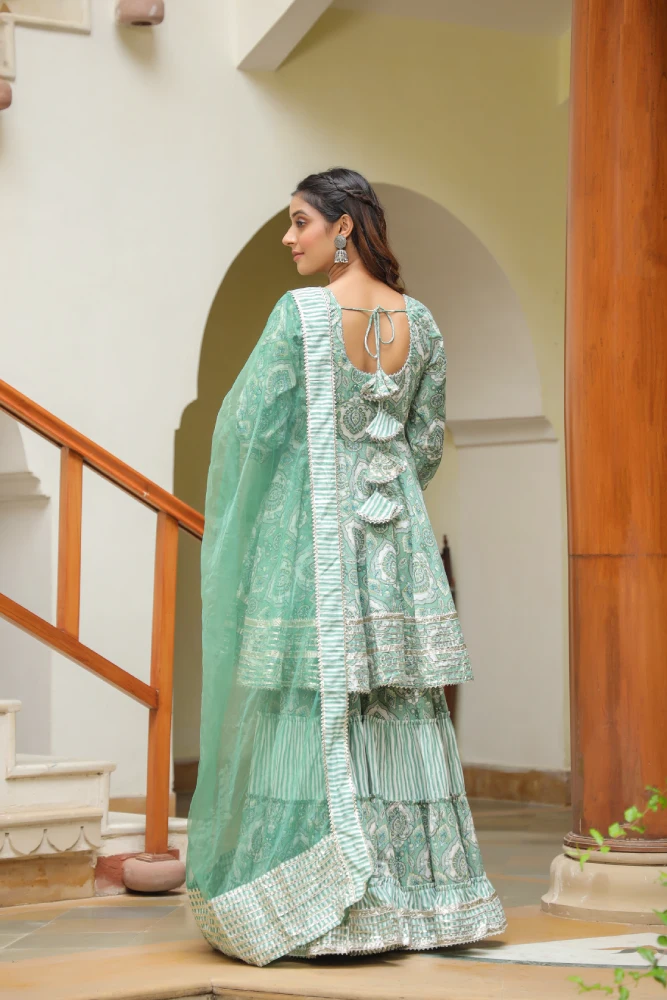 Viridian Green Cotton Mughal Print Anarkali Sharara Set