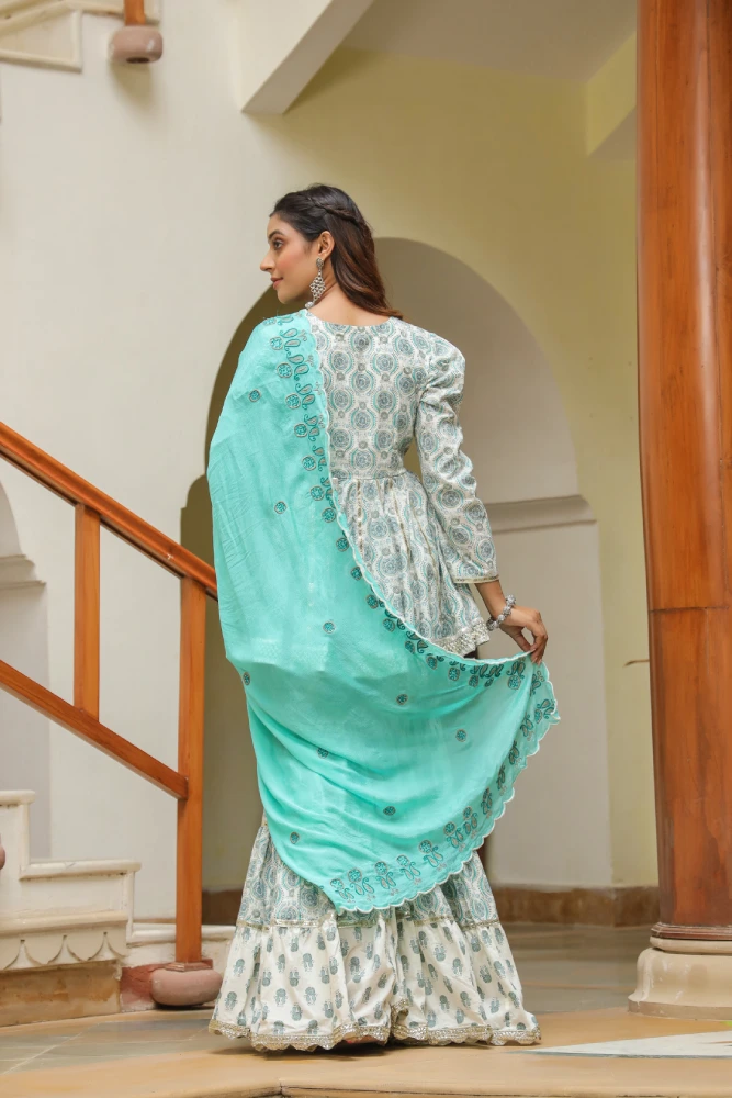 Fountain Blue Cotton Printed Sharara Set