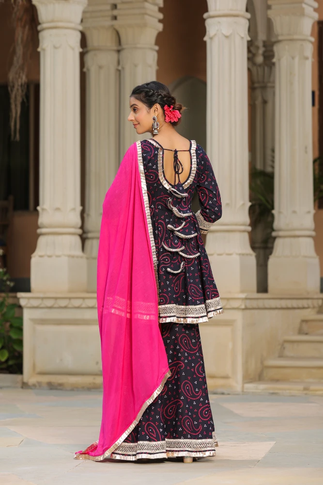 Mulberry Blue Bandhani Cotton Sharara Set