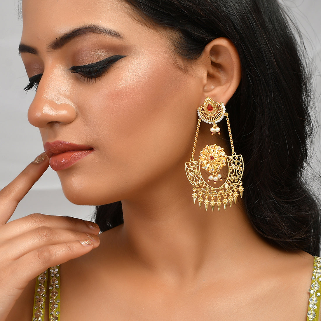Abharan Red Stones and Pearls Opulent Drop Earrings