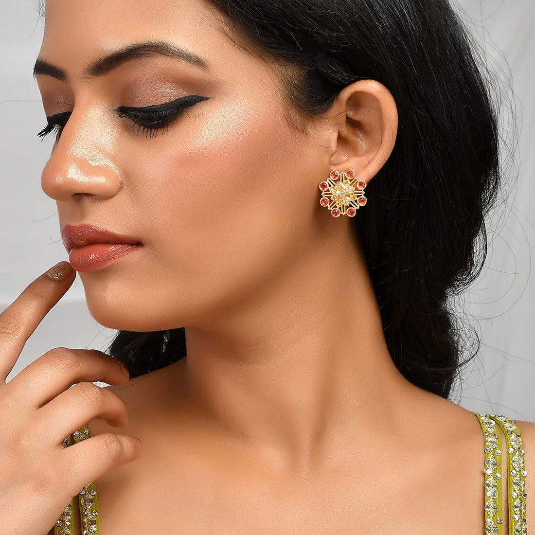 Abharan Pink Stones Floral Stud Earrings