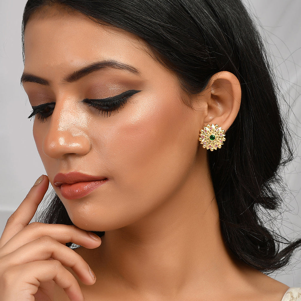 Abharan Green and Pink Stones Floral Earrings