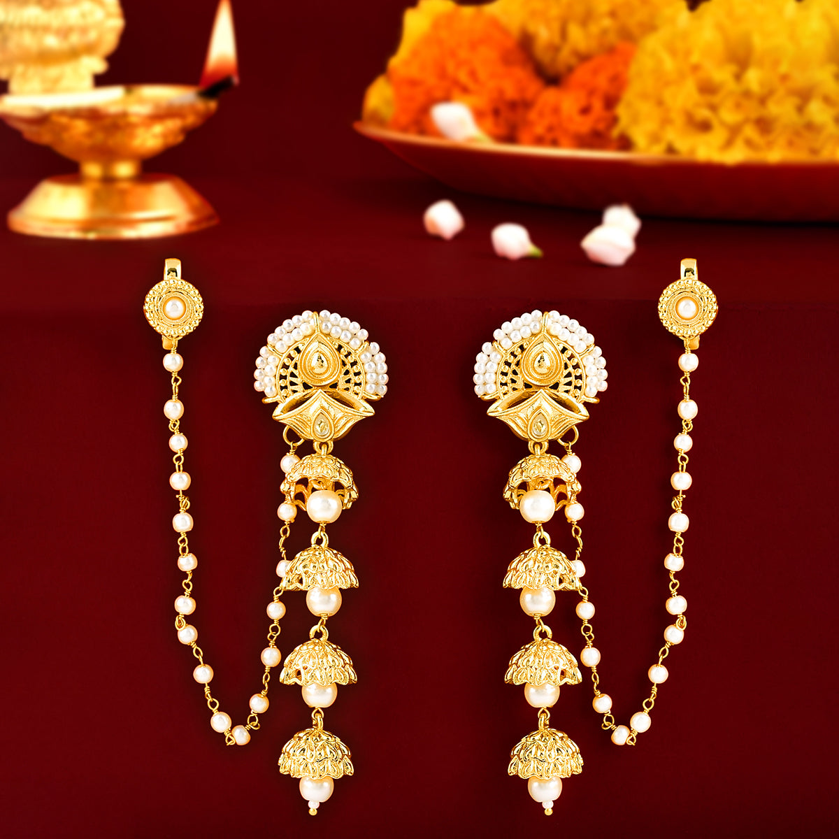 Aradhana Roshini Long Drop Jhumka With Ear Chain