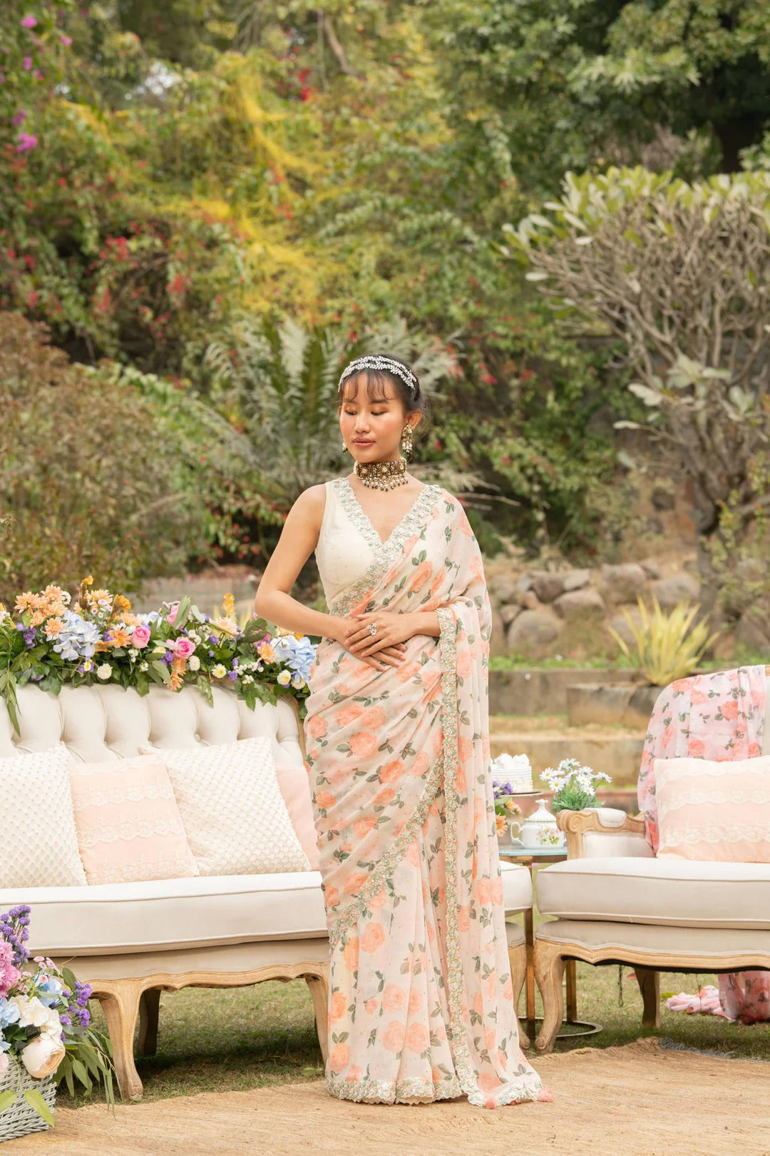 Beige Citrus Rose Sequin Flower Saree