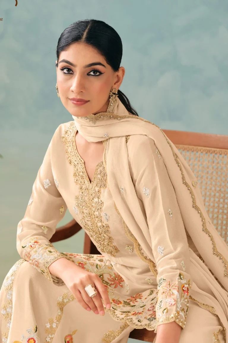 Beige Chinnon Embroidered Sharara Suit