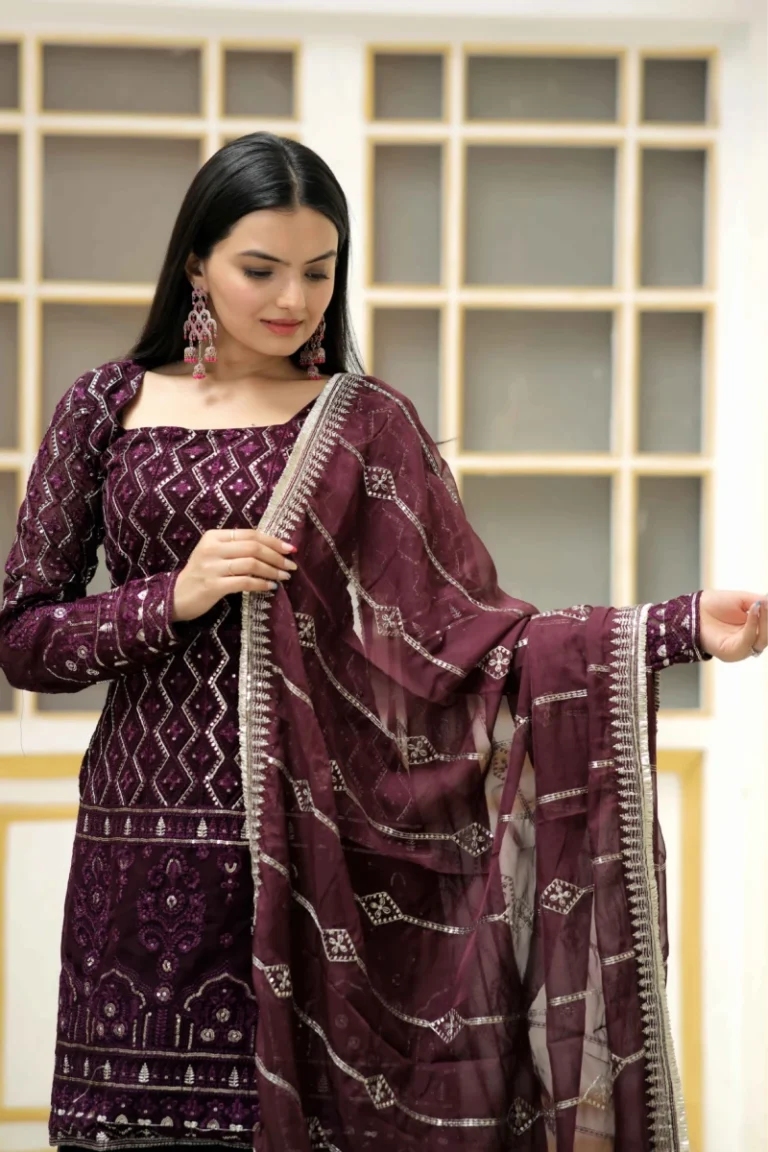 Wine Thread Embroidery & Sequins Georgette Sharara Suit