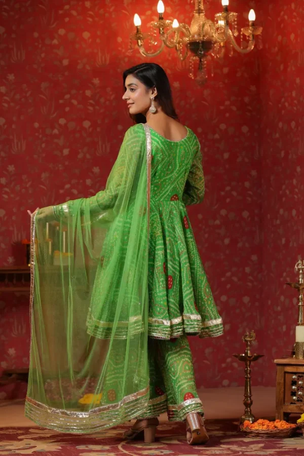 Apple Green Bandhani Print Sharara Set With Gota Lace Work