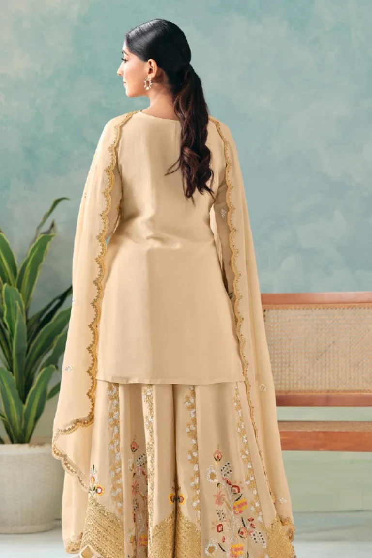 Beige Chinnon Embroidered Sharara Suit