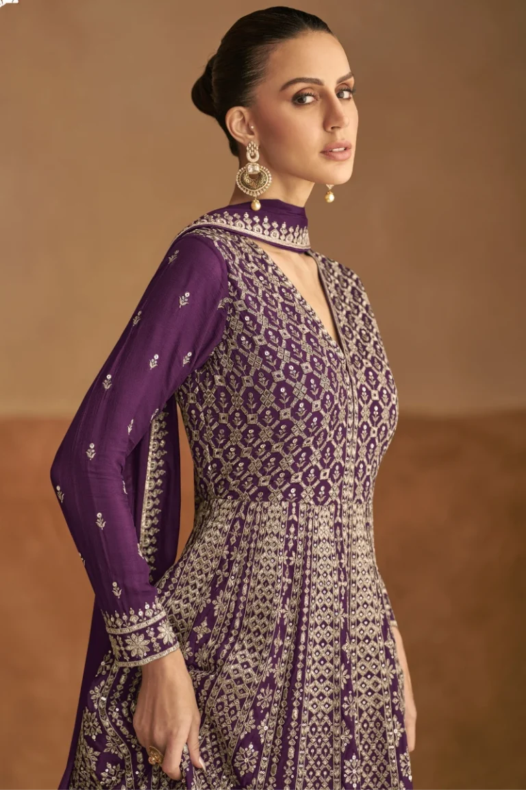 Purple Chinon Gown with Embroidery & Sequins