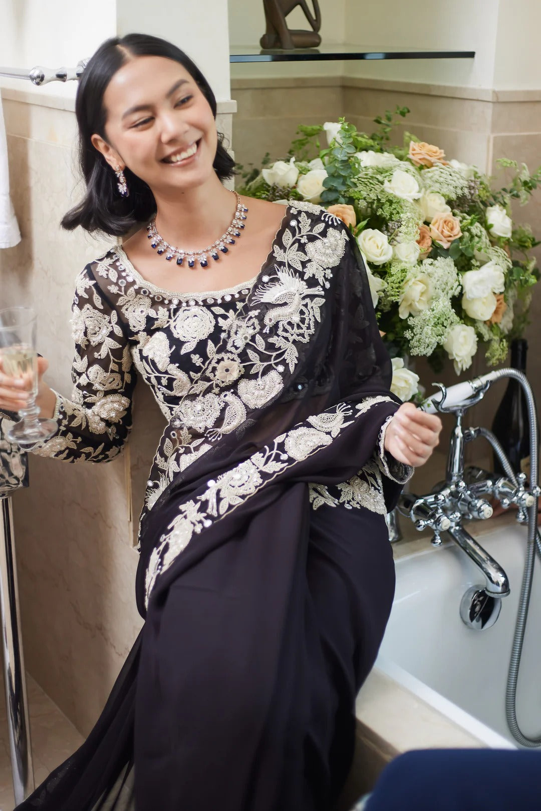 Black Garden Crane Saree