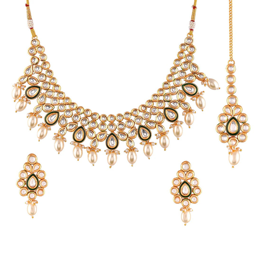 Kundan Elegance White Pearls and Faux Kundan Gold Plated Maang Tika Set