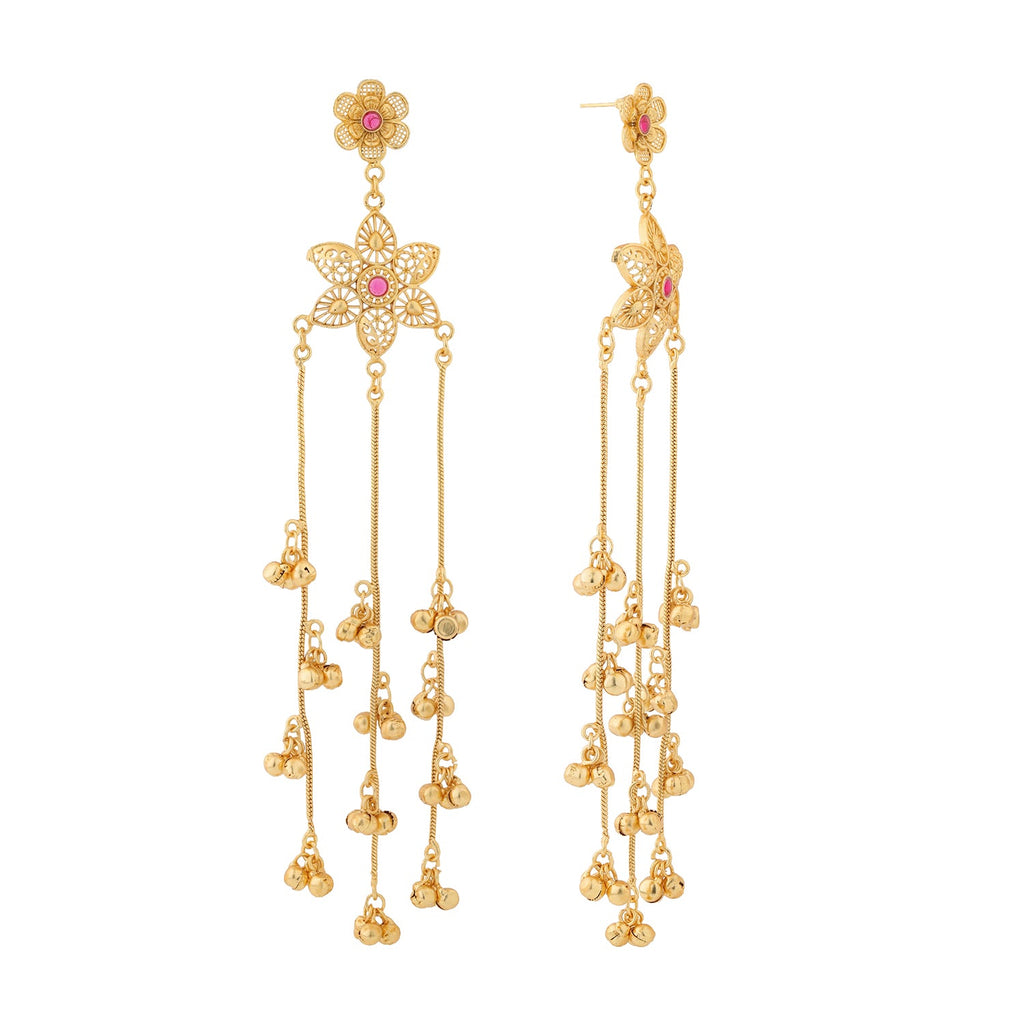 Kashmiri Royal Roshni Long Gold Ghungroo Earrings