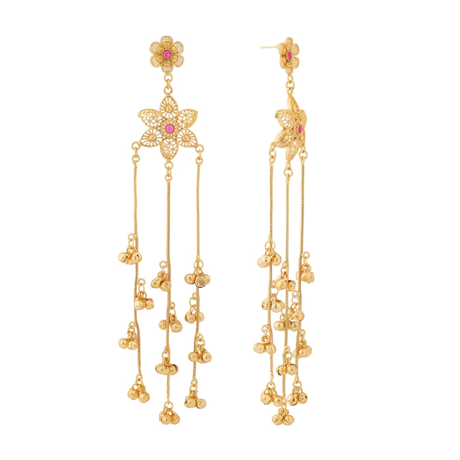 Kashmiri Royal Roshni Long Gold Ghungroo Earrings