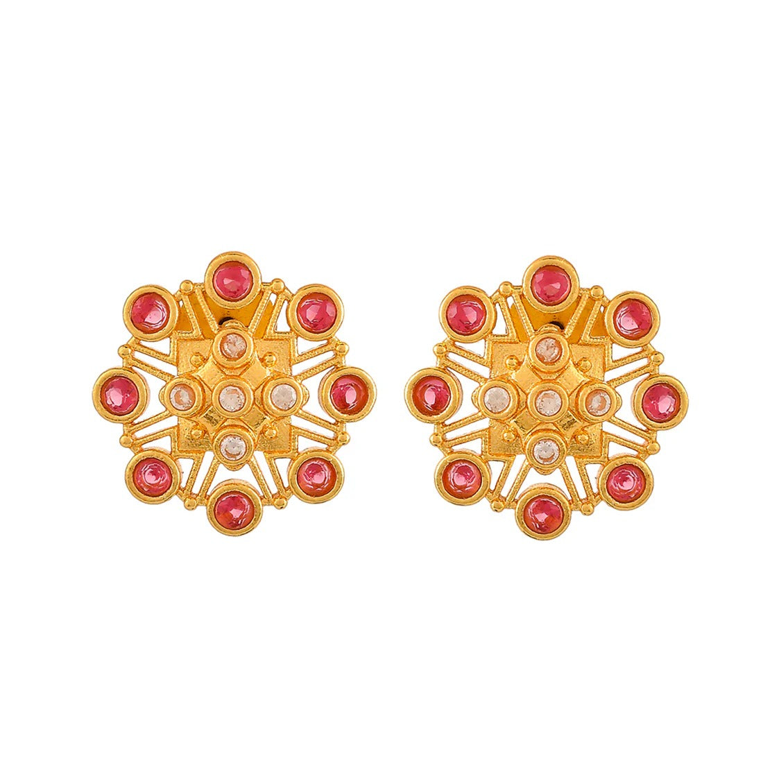 Abharan Pink Stones Floral Stud Earrings