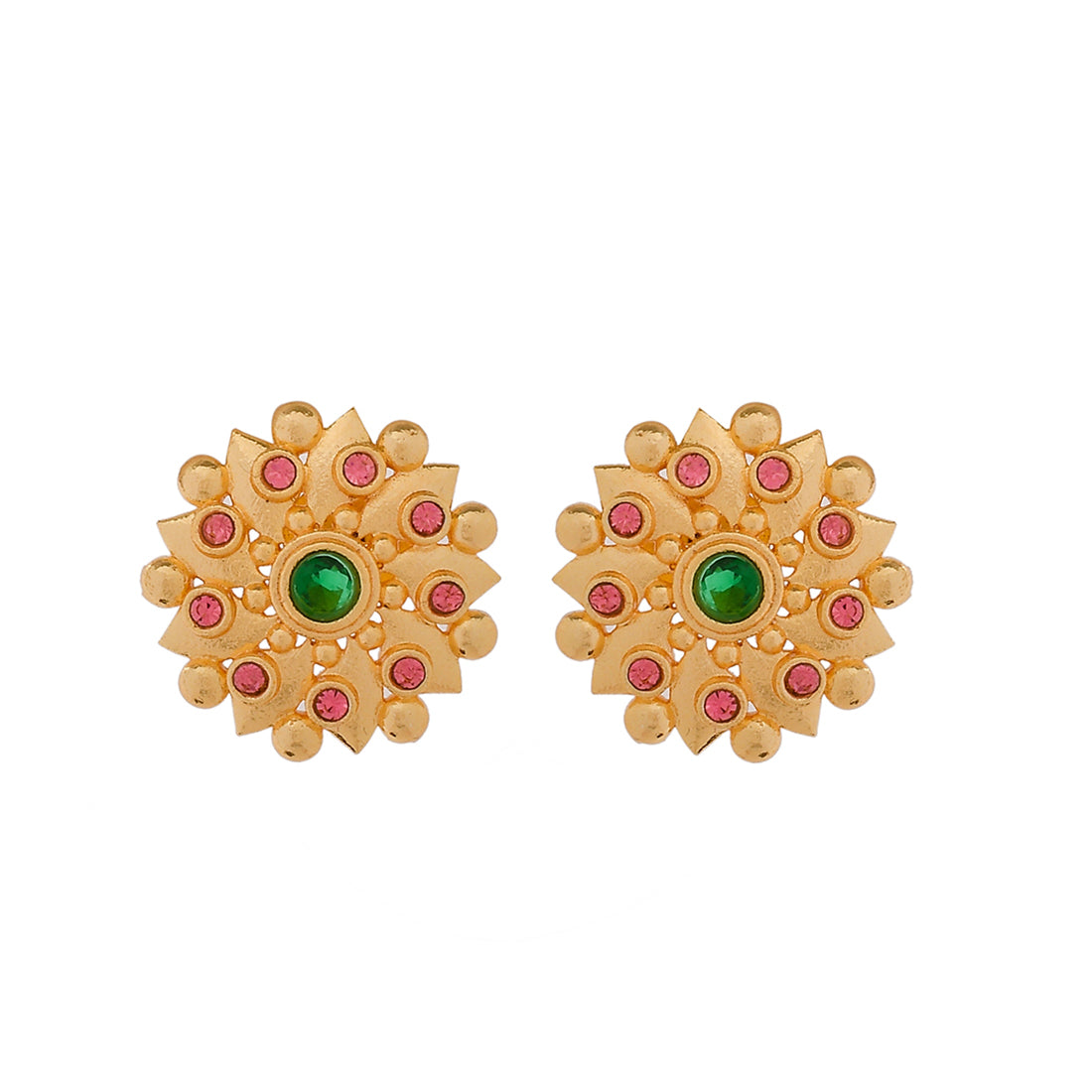Abharan Green and Pink Stones Floral Earrings
