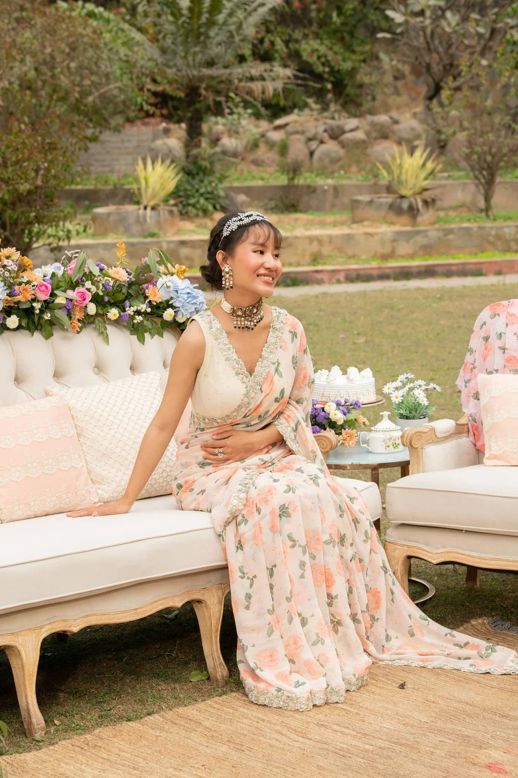 Beige Citrus Rose Sequin Flower Saree