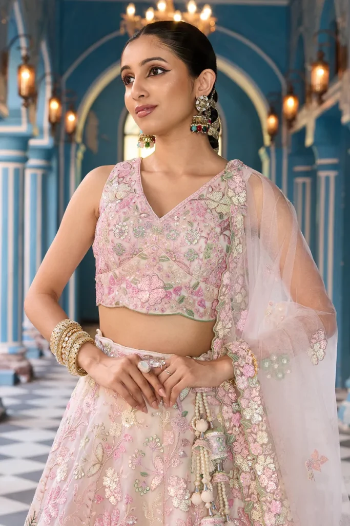 Cream Net Sequins Embroidered Lehenga Set