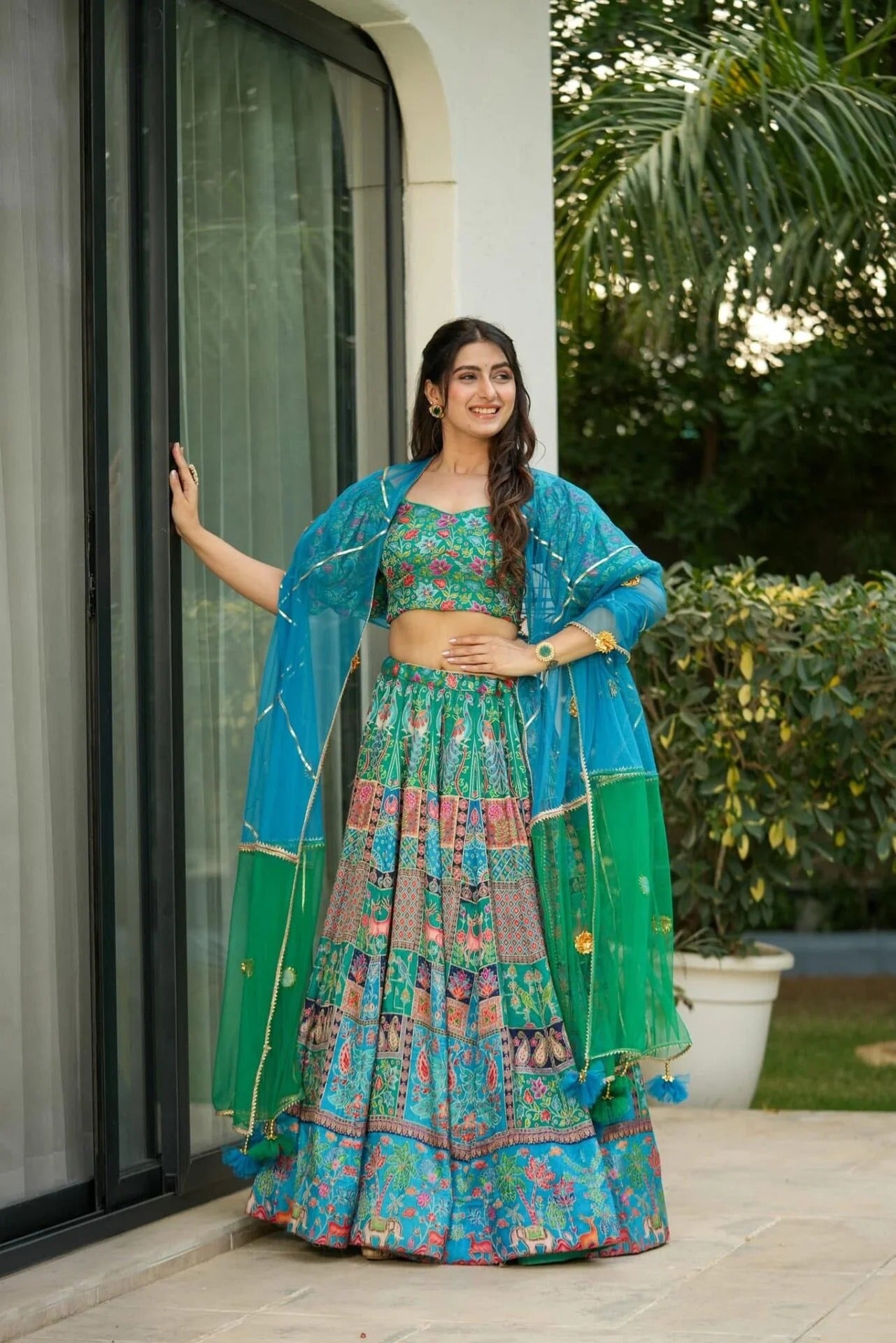 Turquoise silk lehenga set