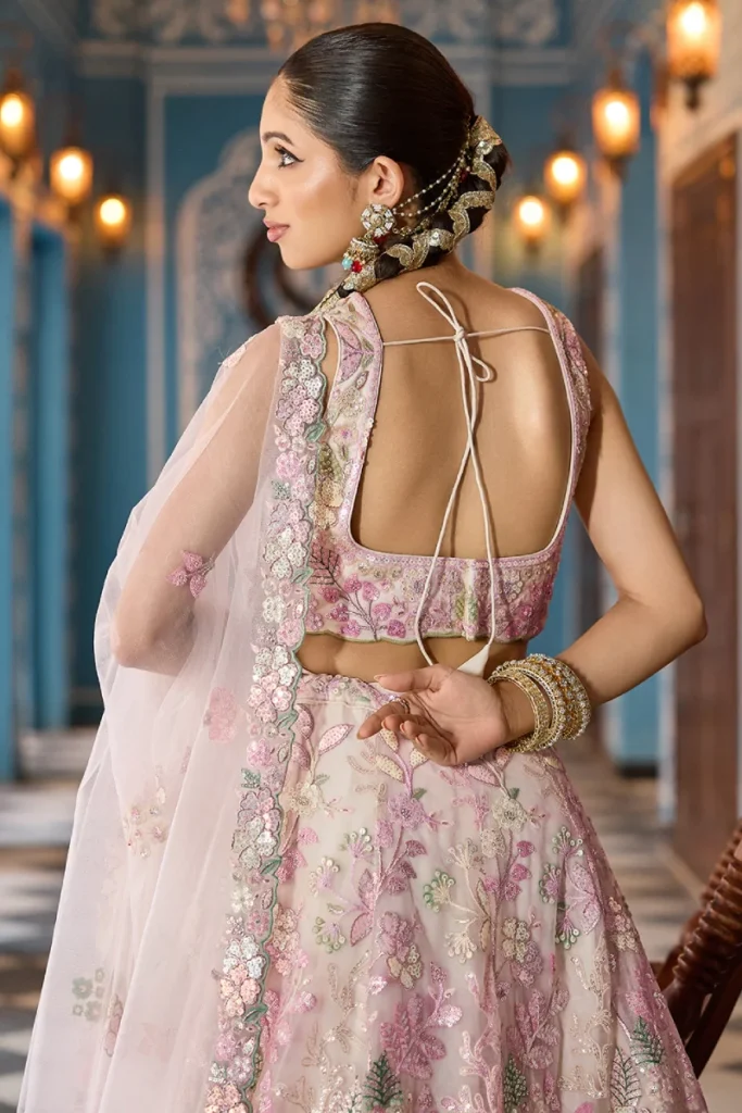 Cream Net Sequins Embroidered Lehenga Set