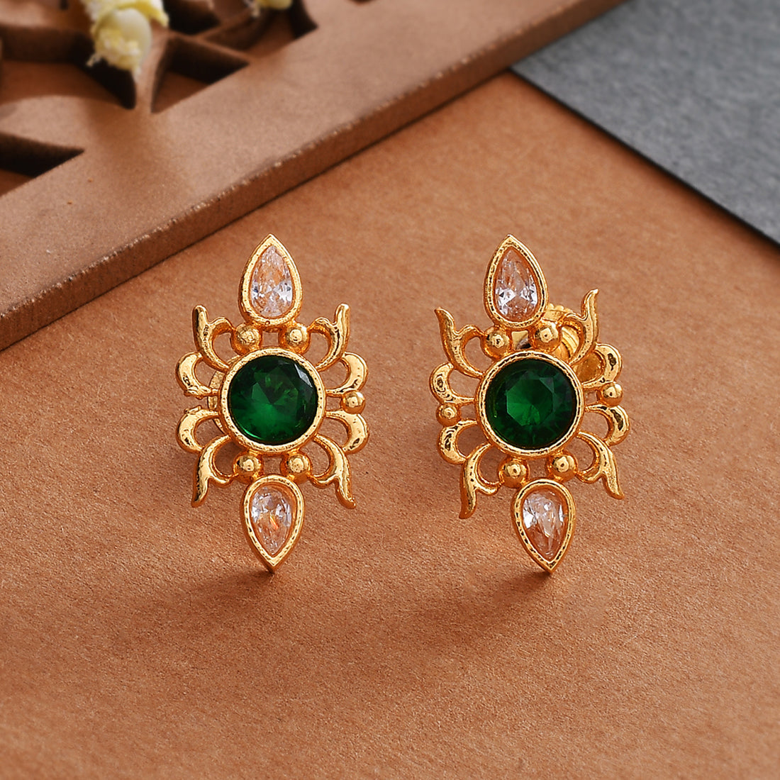 Abharan Green Stone Adorned Stud Earrings