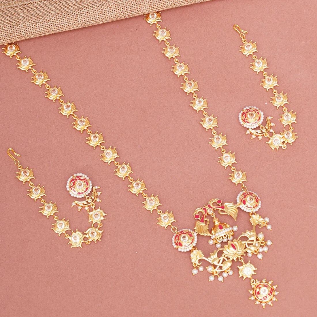 Apsara Peacock and Lotus Design Enamelled Necklace Set