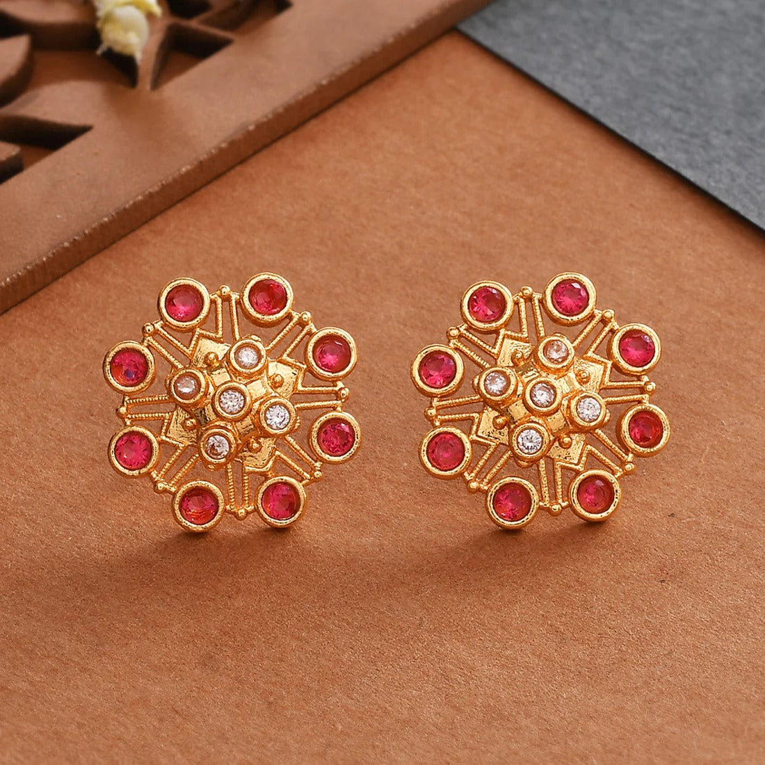 Abharan Pink Stones Floral Stud Earrings