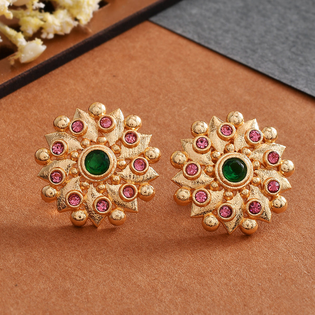 Abharan Green and Pink Stones Floral Earrings