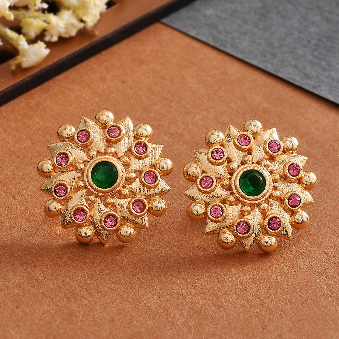 Abharan Green and Pink Stones Floral Earrings