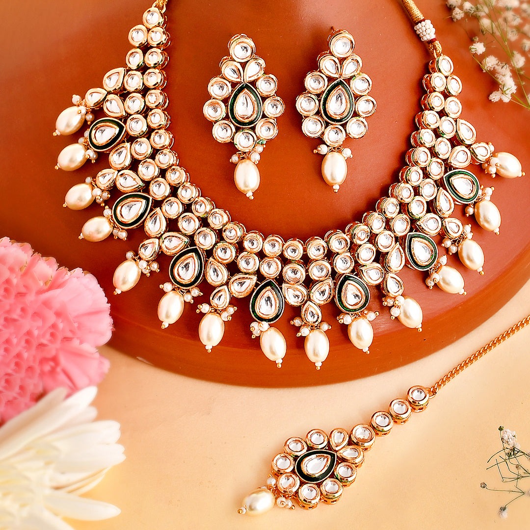 Kundan Elegance White Pearls and Faux Kundan Gold Plated Maang Tika Set