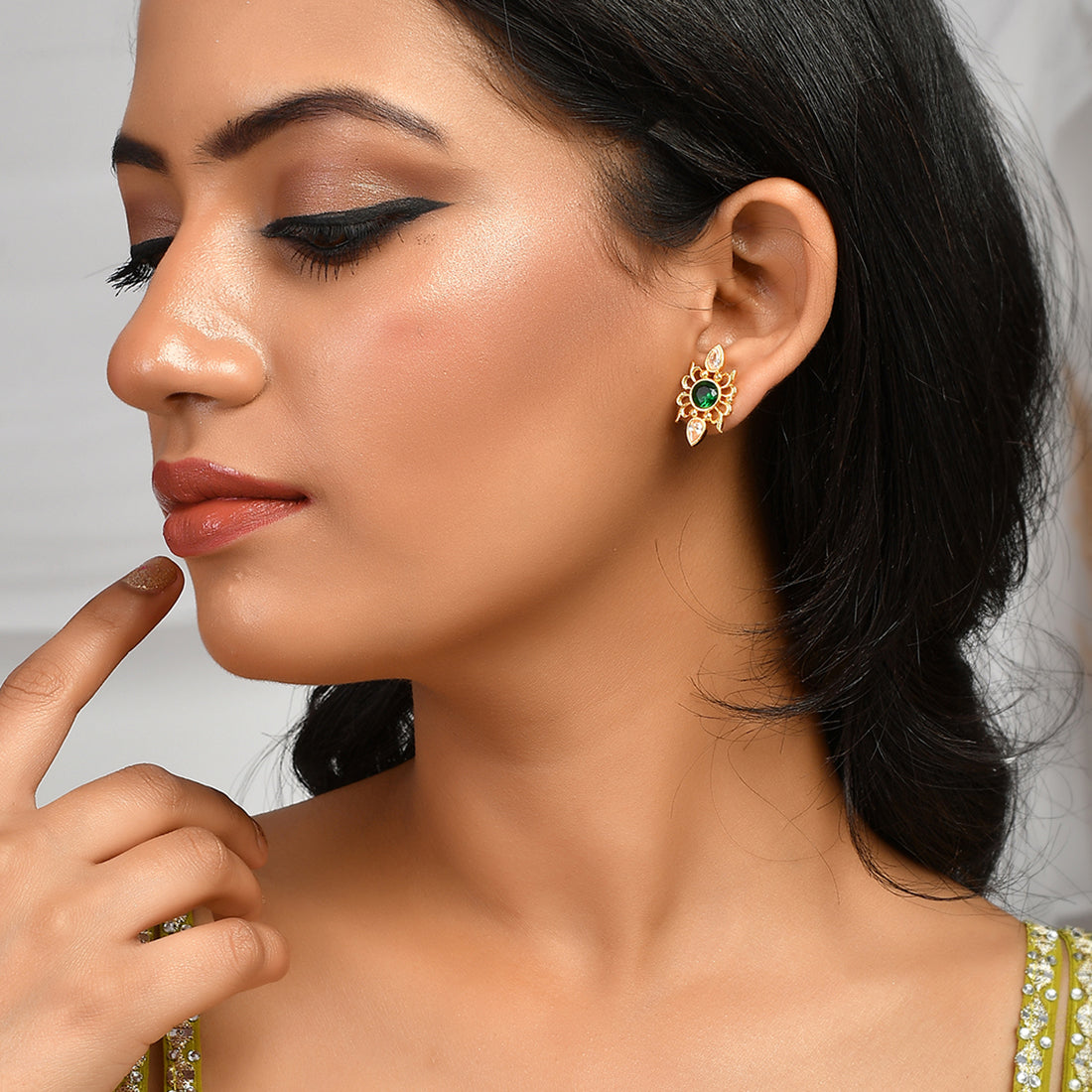 Abharan Green Stone Adorned Stud Earrings