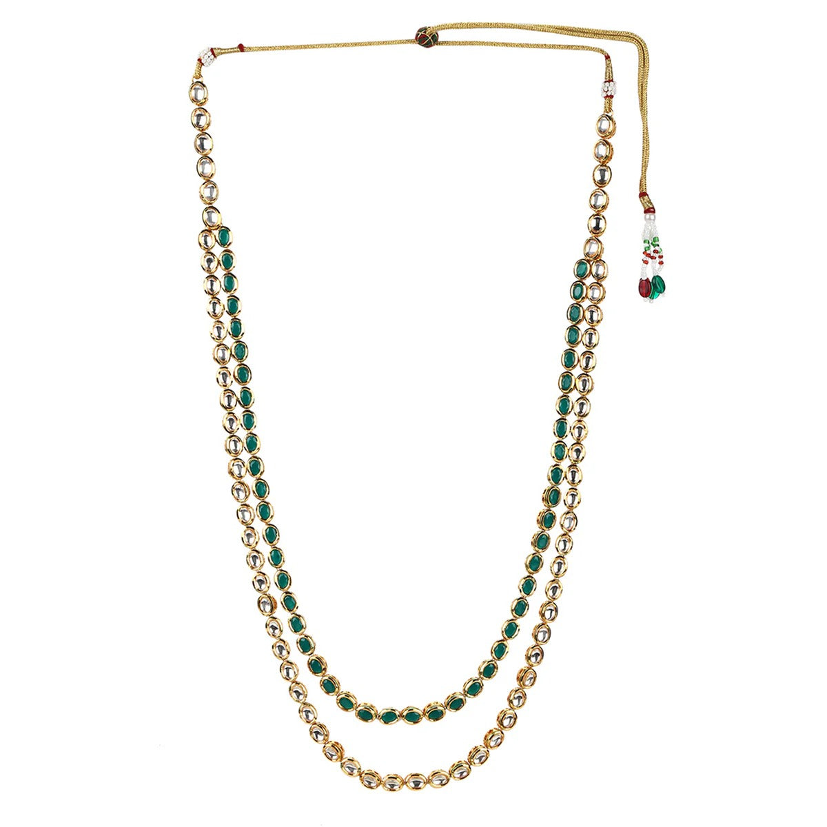 Kundan Gold Plated Long Necklace Set with Green Stones